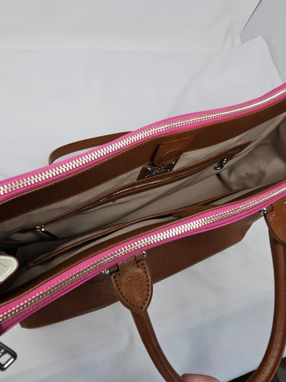 Lauren Ralph Lauren Newbury Tri-Color Leather Handbag - Brown / Vanilla / Rose - Picture 7 of 11